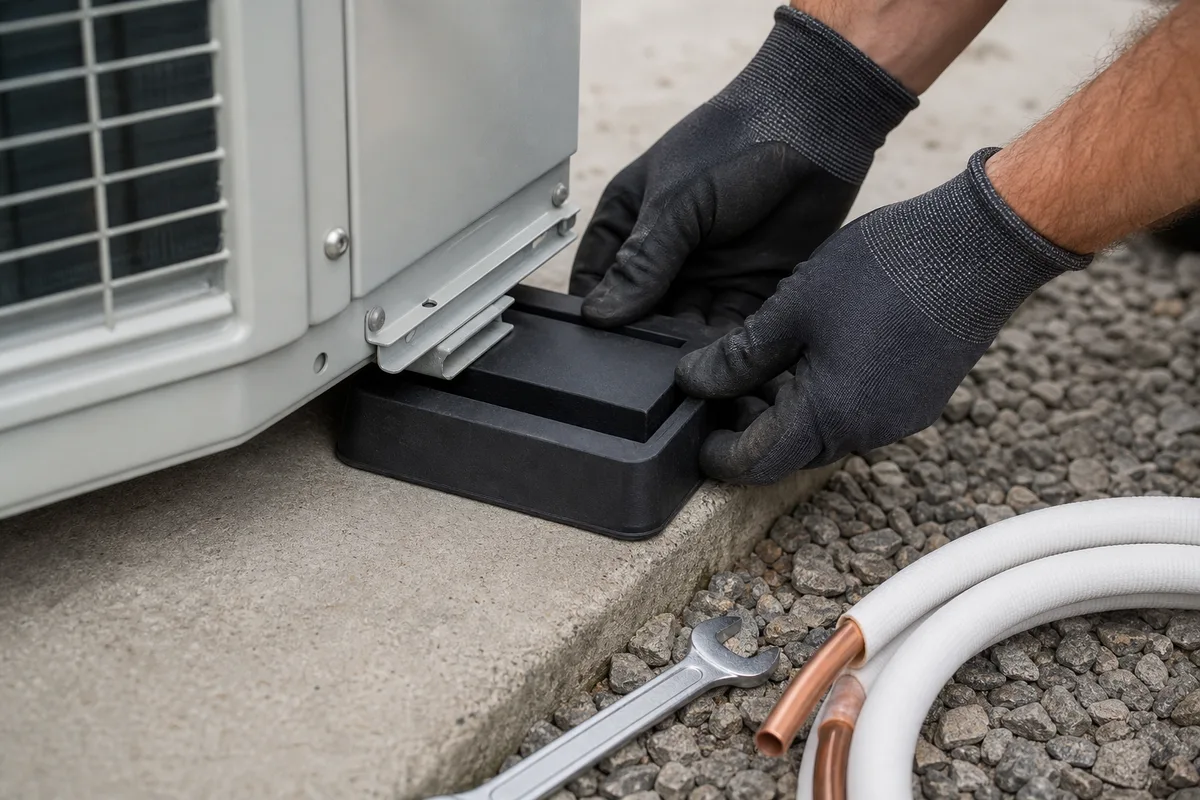 Mains gantées glissant un plot antivibratile en élastomère sous le châssis d’une pompe à chaleur