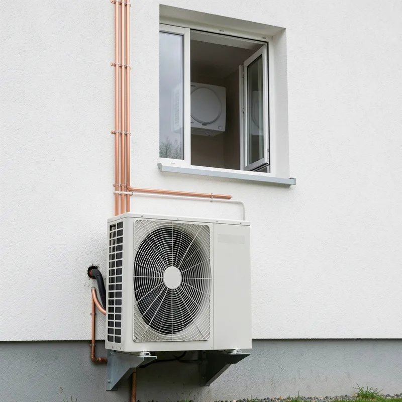 Schéma de principe d’une pompe à chaleur aérothermique avec unité extérieure et unité intérieure murale dans une maison alsacienne