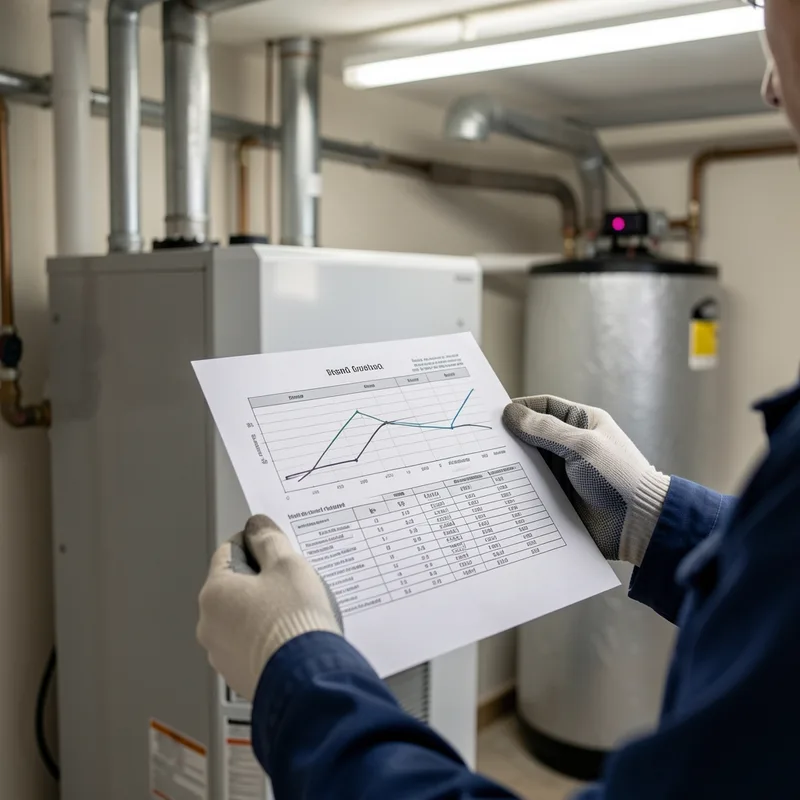 Étiquette énergétique et fiche technique d’une unité extérieure de pompe à chaleur consultées par un technicien dans une chaufferie