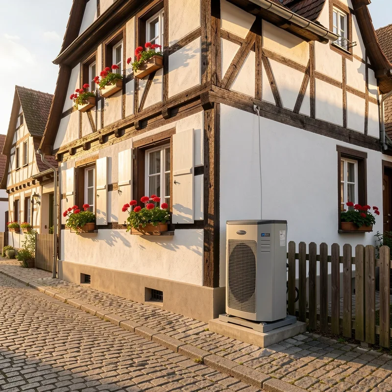 Maison alsacienne à colombages avec unité extérieure de pompe à chaleur discrètement installée le long d’un mur latéral