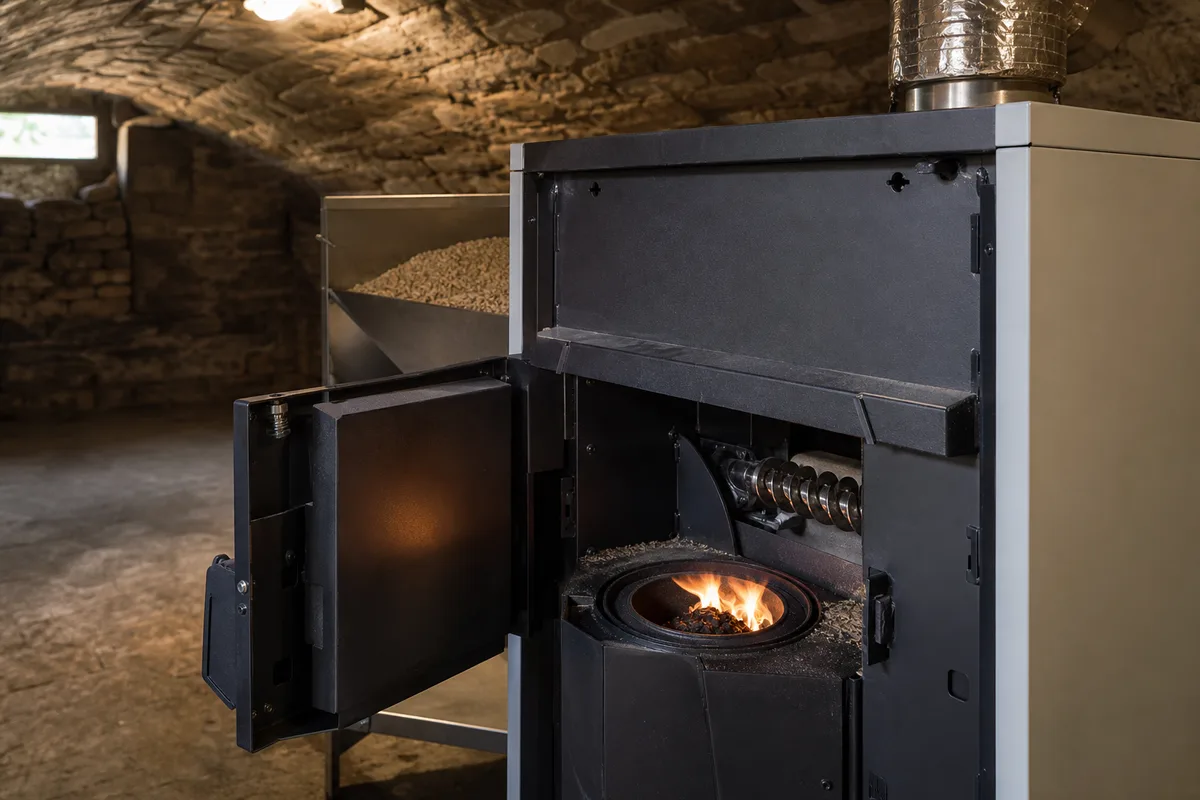 Chaudière à granulés installée dans la chaufferie d&rsquo;une maison du Bas-Rhin