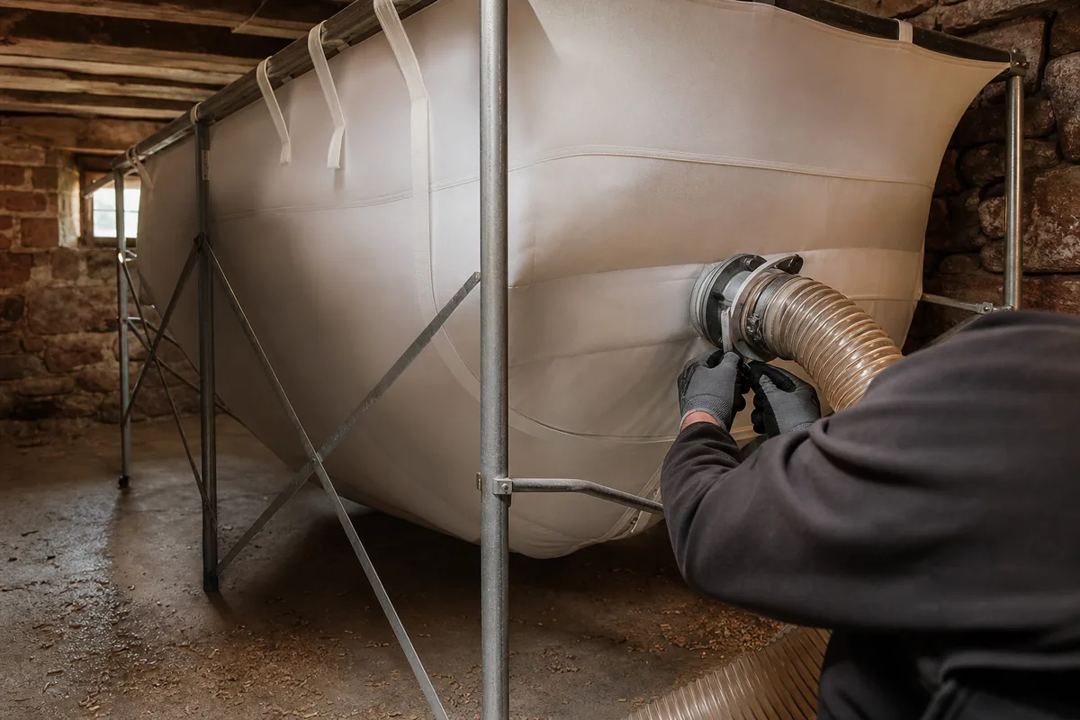 Silo textile de granulés de bois dans la cave en grès d&rsquo;une maison alsacienne