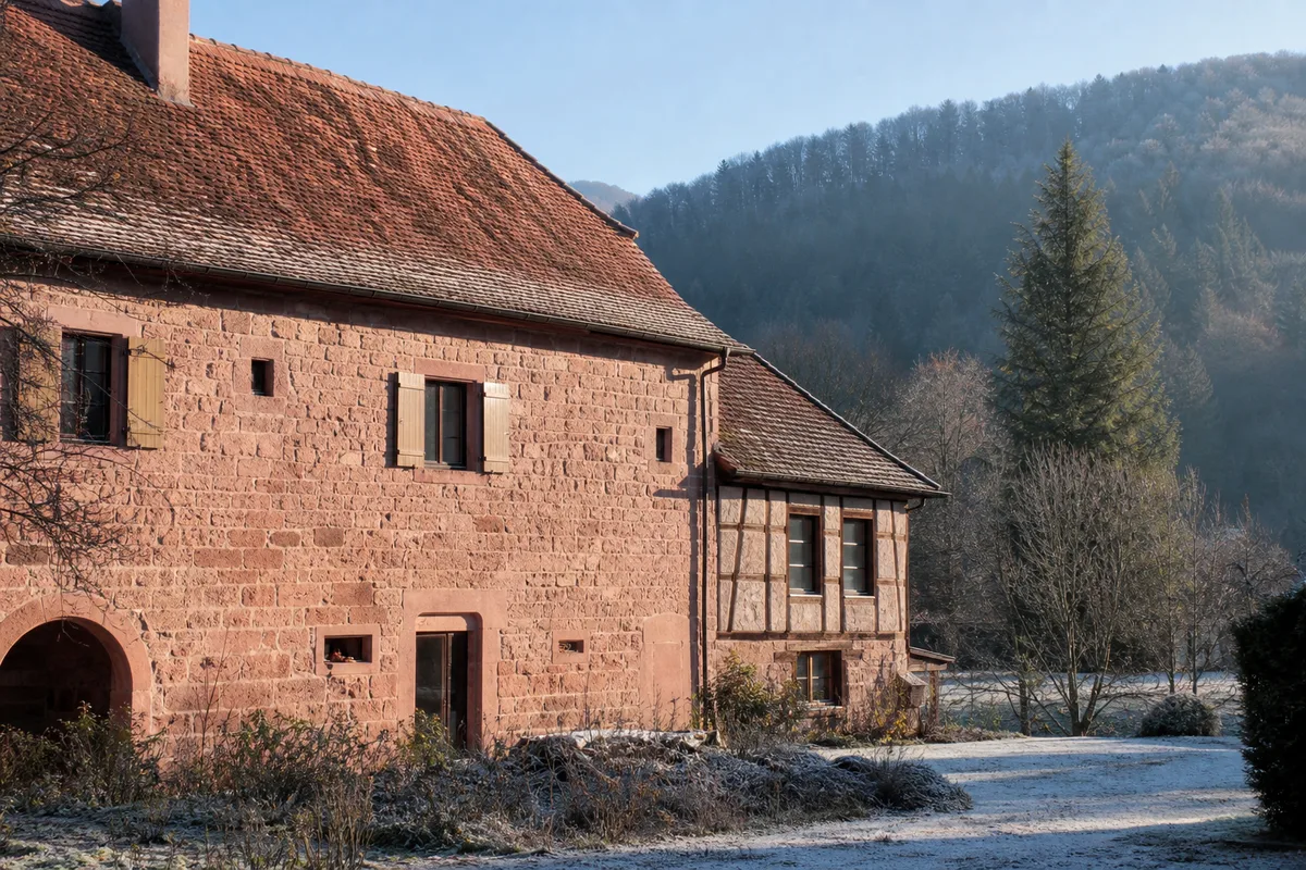 Maison ancienne en grès rose de la vallée de la Bruche, façade et toiture en tuiles sous un ciel d&rsquo;hiver alsacien
