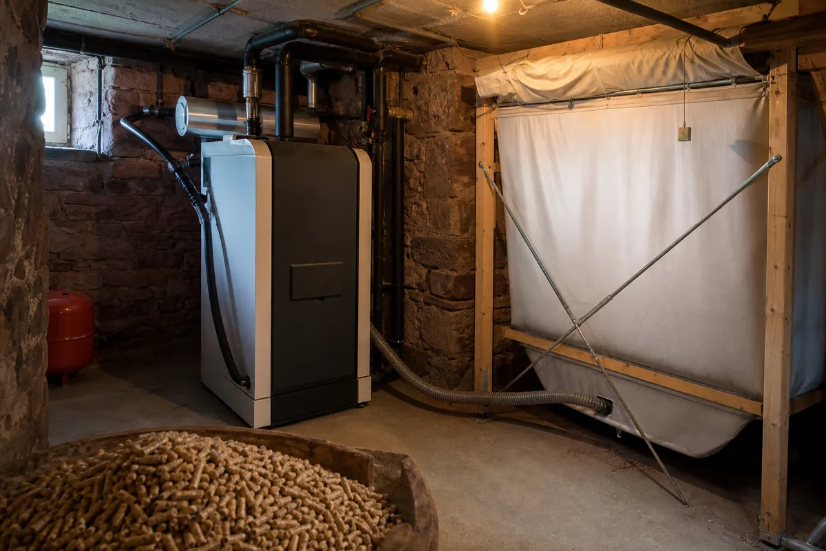 Chaudière à granulés et silo de stockage du pellet dans la cave d&rsquo;une maison de la vallée de la Bruche