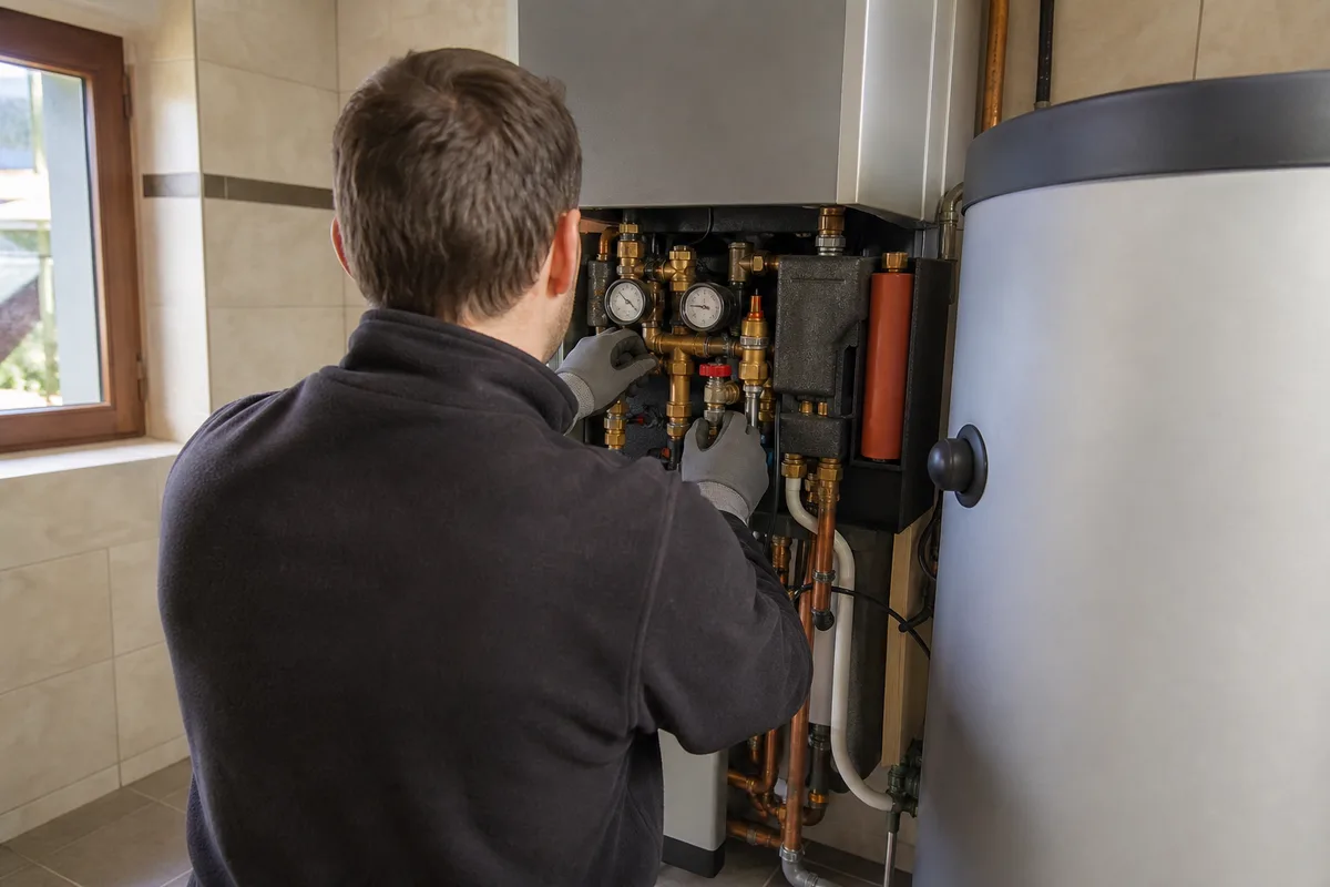 Technicien de dos réglant le module intérieur d&rsquo;une pompe à chaleur dans une buanderie de maison alsacienne