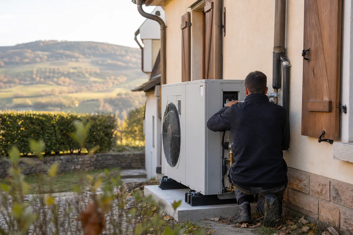 Unité extérieure de pompe à chaleur air-eau installée le long d&rsquo;une façade en piémont alsacien