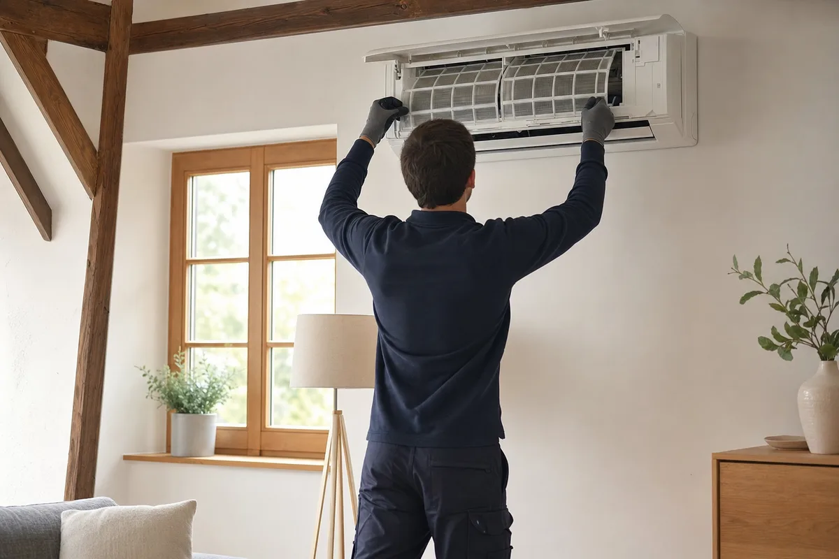 Silhouette d&rsquo;un technicien de dos entretenant l&rsquo;unité intérieure d&rsquo;une climatisation murale dans un séjour lumineux de maison alsacienne