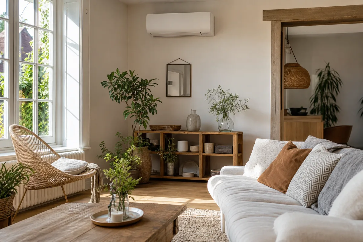 Salon lumineux d&rsquo;une maison alsacienne en été avec une unité murale de climatisation discrète posée en hauteur