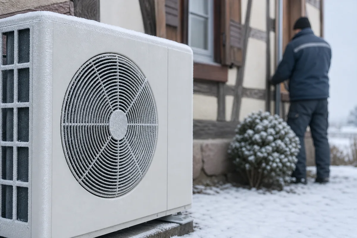 Unité extérieure de pompe à chaleur air-eau devant une maison alsacienne sous la neige