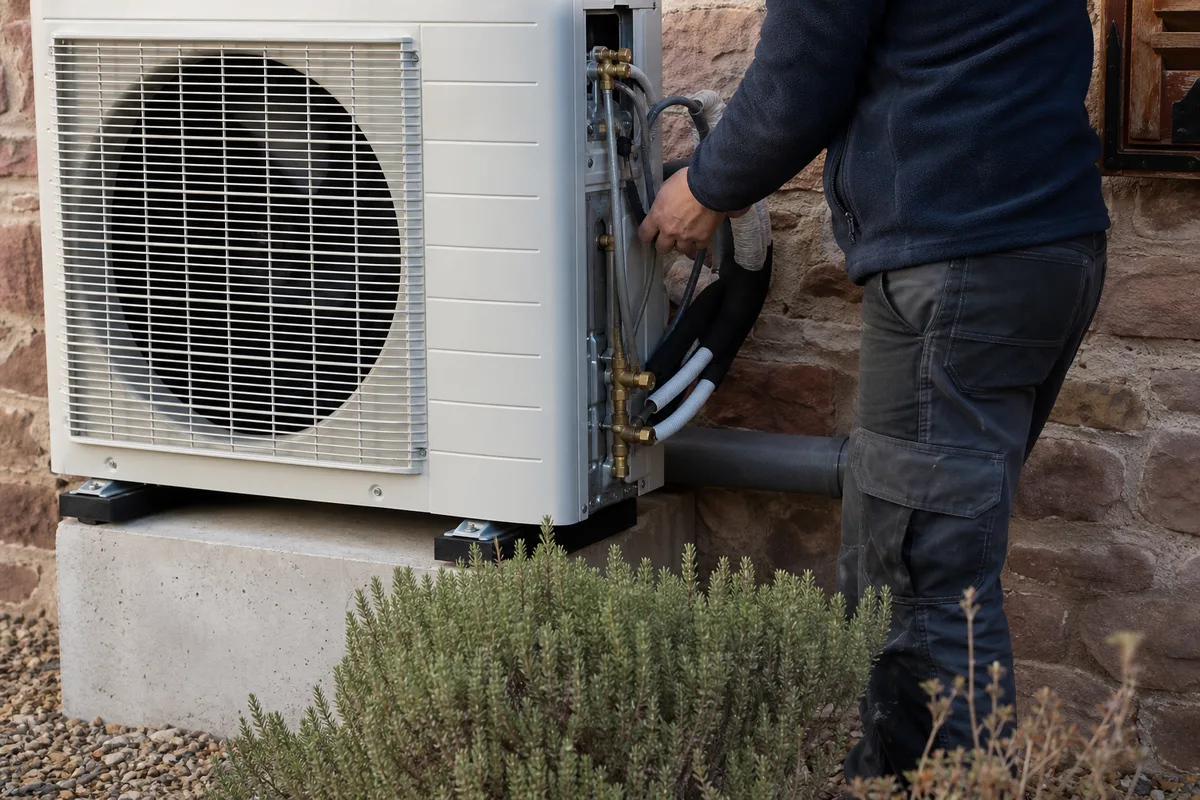 Pompe à chaleur air-eau installée contre une façade en grès des Vosges dans une maison alsacienne