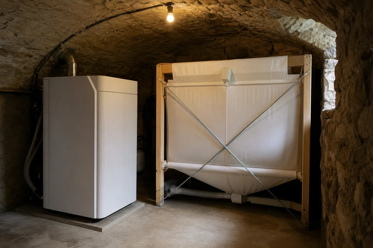 Chaudière à granulés et son silo de stockage dans la cave d&rsquo;une maison ancienne du piémont alsacien