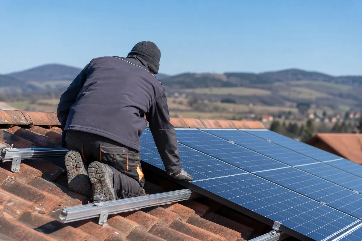 Toiture de maison alsacienne équipée de panneaux photovoltaïques sous le soleil de la plaine