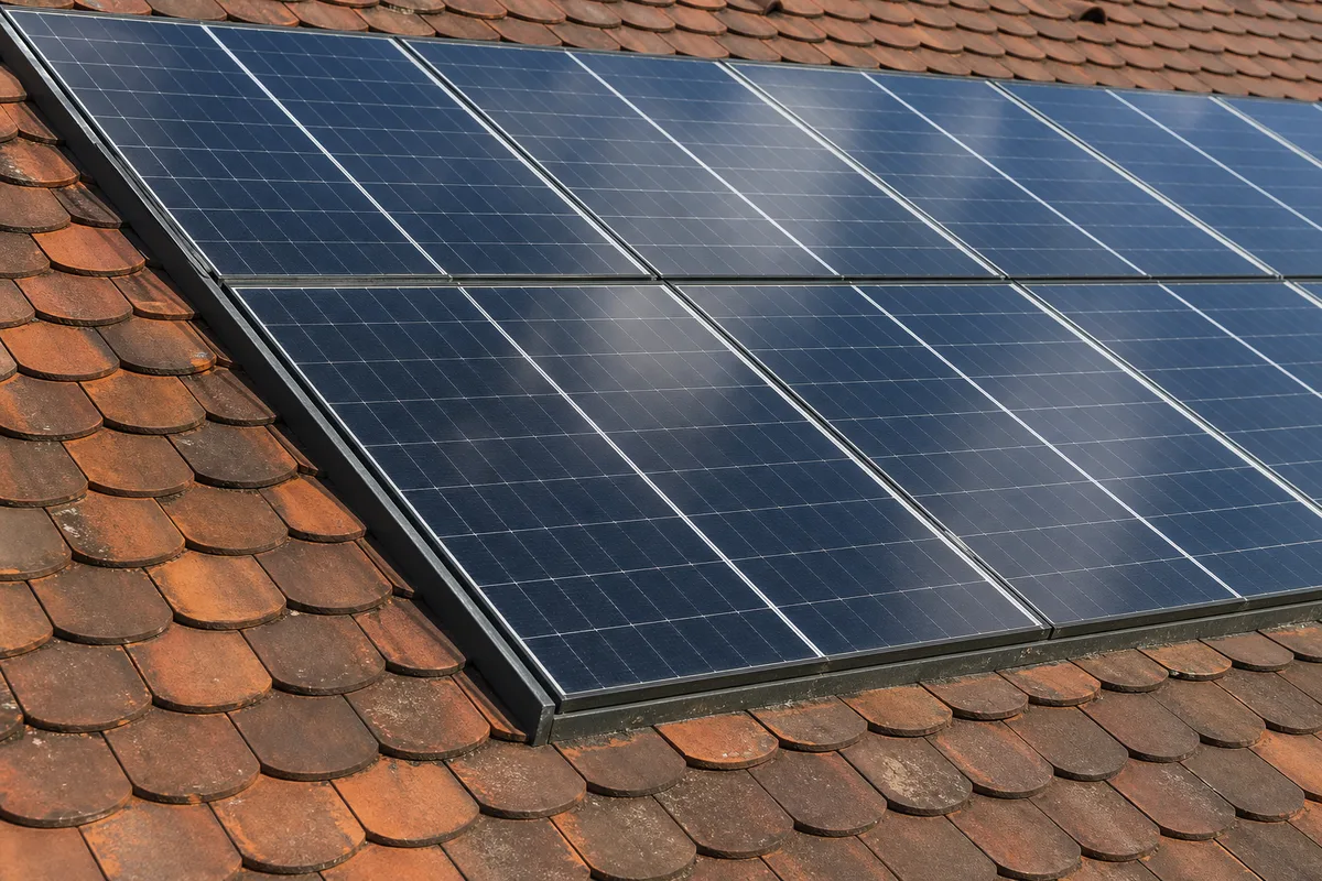 Toiture de maison alsacienne équipée de panneaux photovoltaïques dans la plaine du Bas-Rhin sous un ciel clair