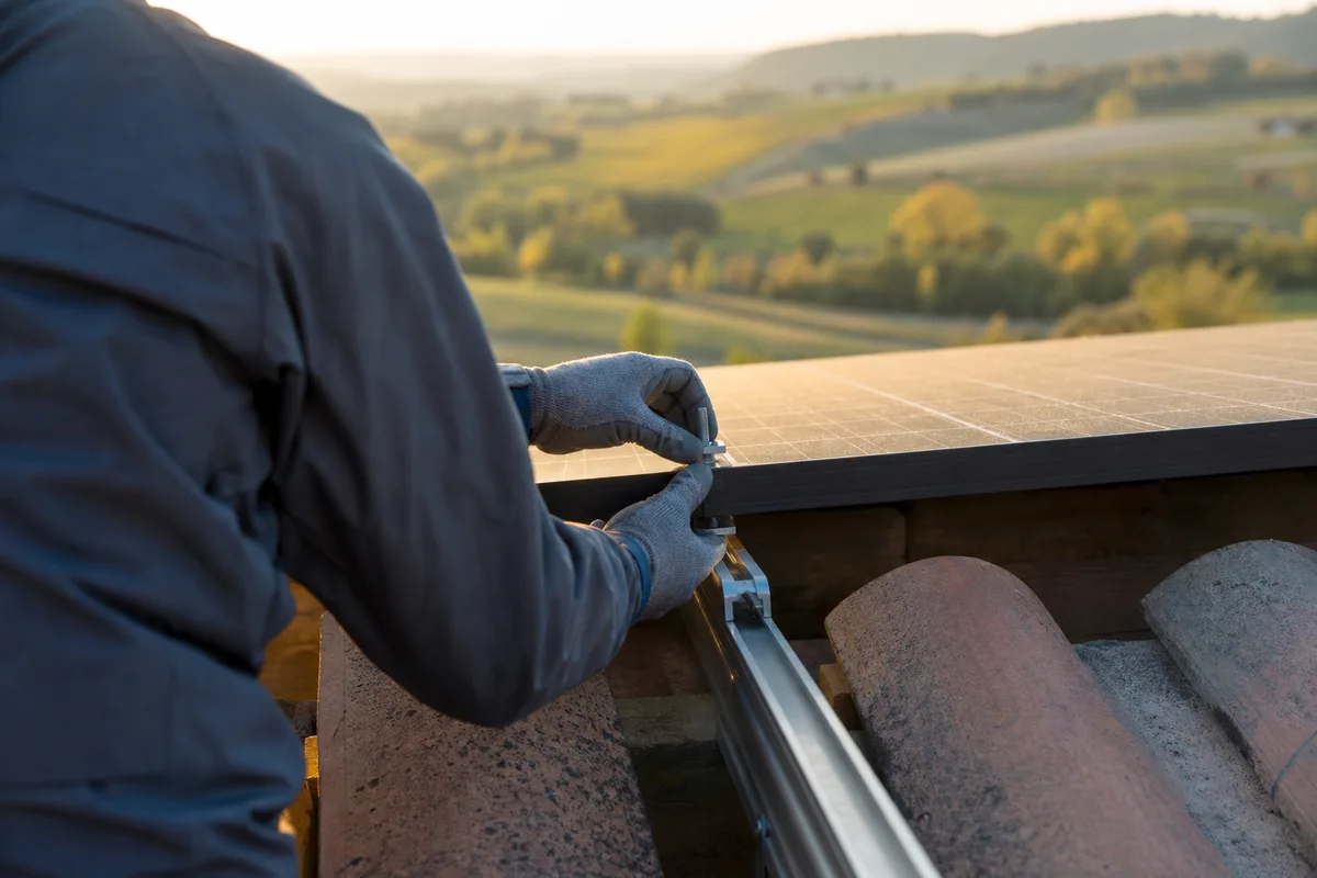 Installateur posant des modules photovoltaïques sur une charpente de toiture en tuiles dans le vignoble alsacien