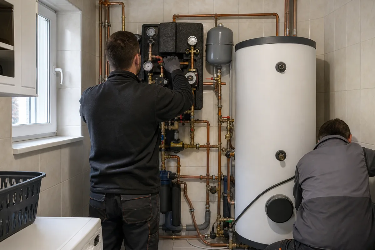 Module hydraulique et ballon d&rsquo;une pompe à chaleur air-eau dans la buanderie d&rsquo;une maison alsacienne