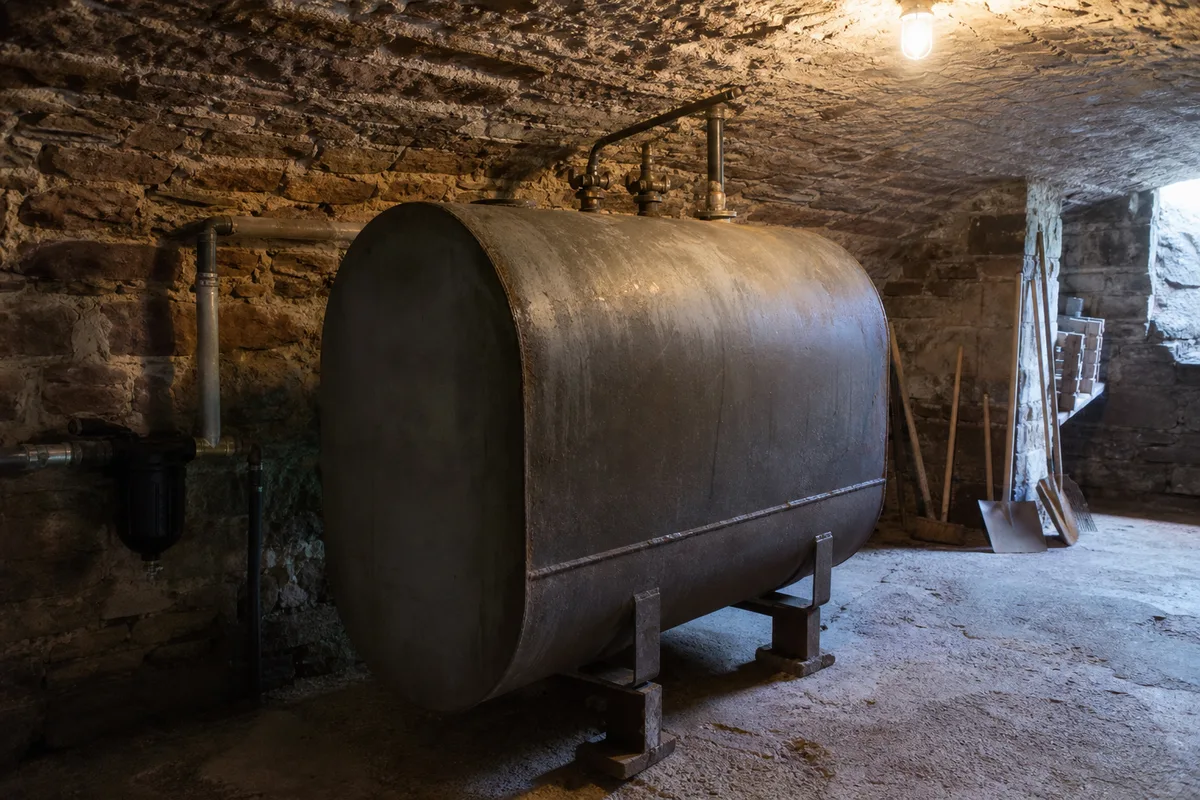 Cuve à fioul dans la cave d&rsquo;une maison ancienne en grès, prête à être remplacée