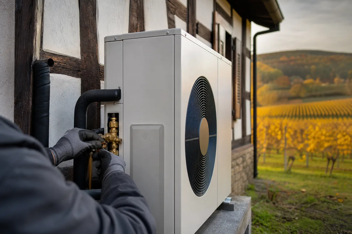 Pose d&rsquo;une pompe à chaleur air-eau devant une maison de village alsacienne