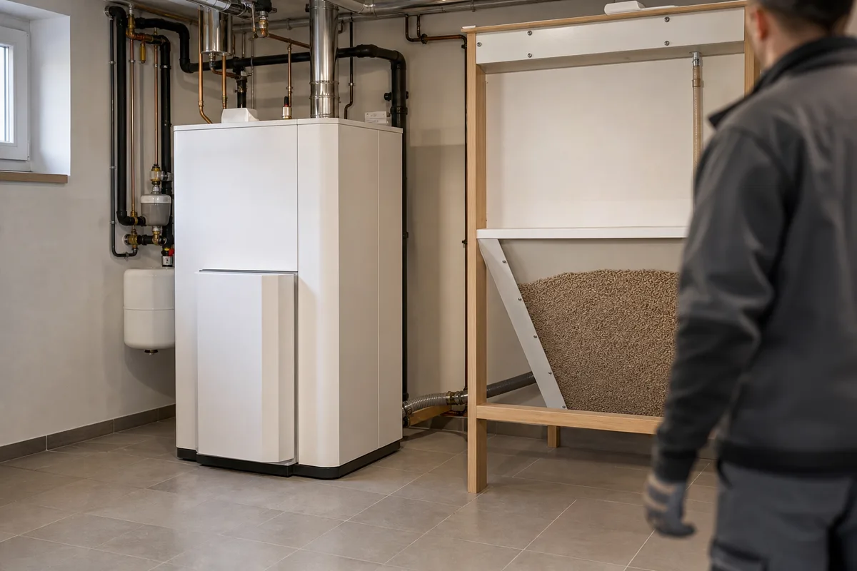 Chaufferie domestique alsacienne avec chaudière à granulés moderne et réserve de pellets, lumière intérieure douce