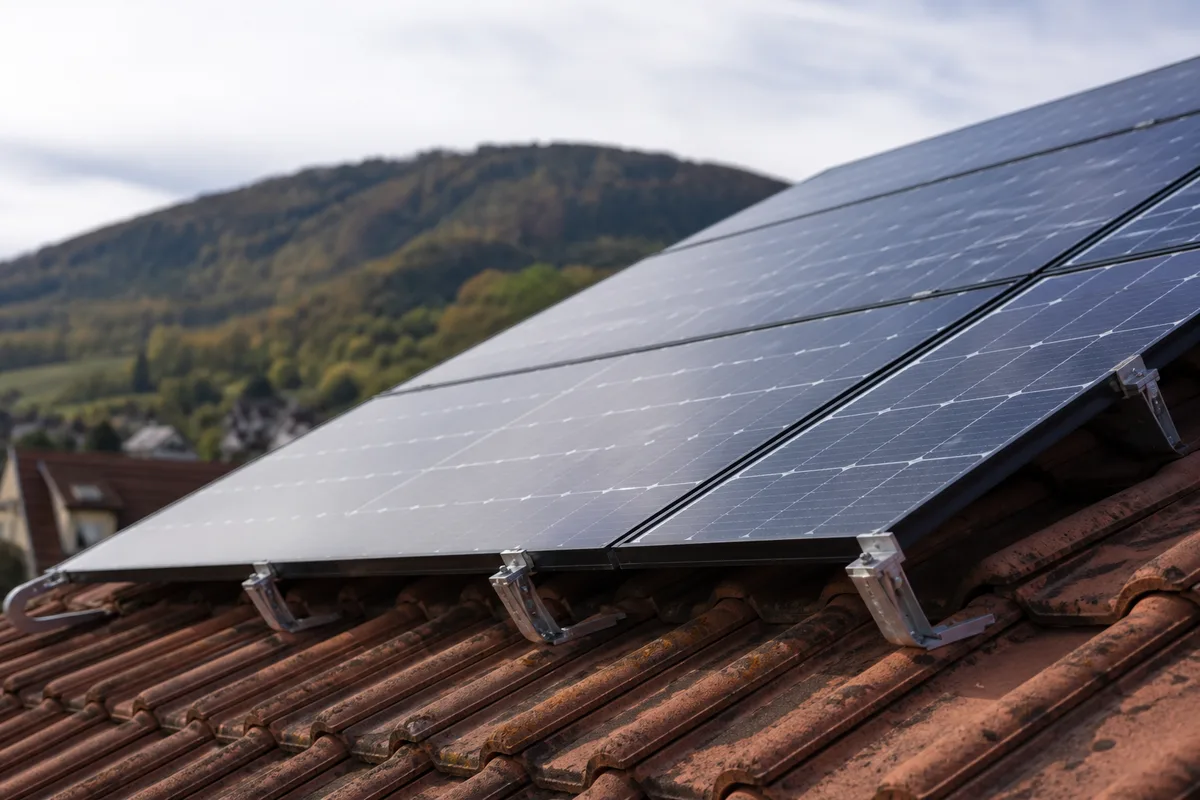 Panneaux photovoltaïques posés sur une toiture pentue de maison alsacienne, vue de la plaine du Bas-Rhin par temps clair