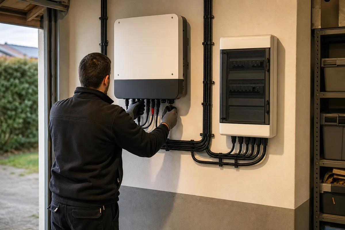 Compteur de production et onduleur solaire fixés au mur d&rsquo;un garage, éclairage intérieur doux, sans texte lisible